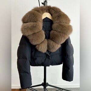 Black Puffer Jacket with Faux Fur Collar
